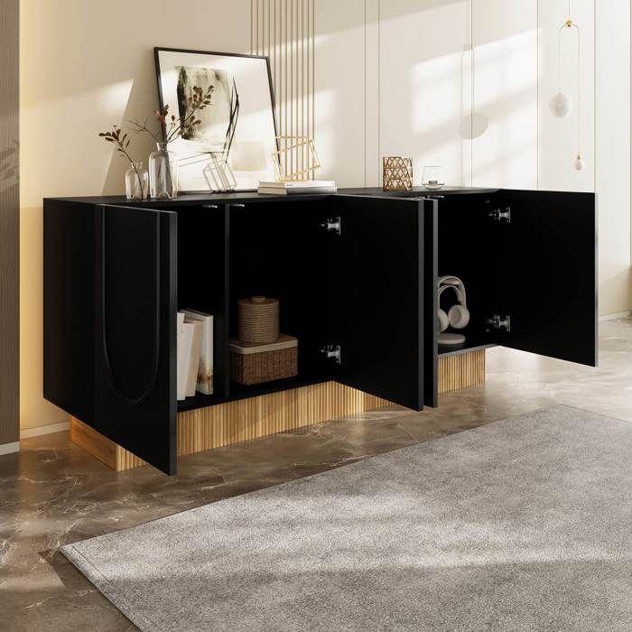 Buffet bas - LEMONBEST - Buffet 4 portes 160 cm - Noir - Aspect bois - Contemporain