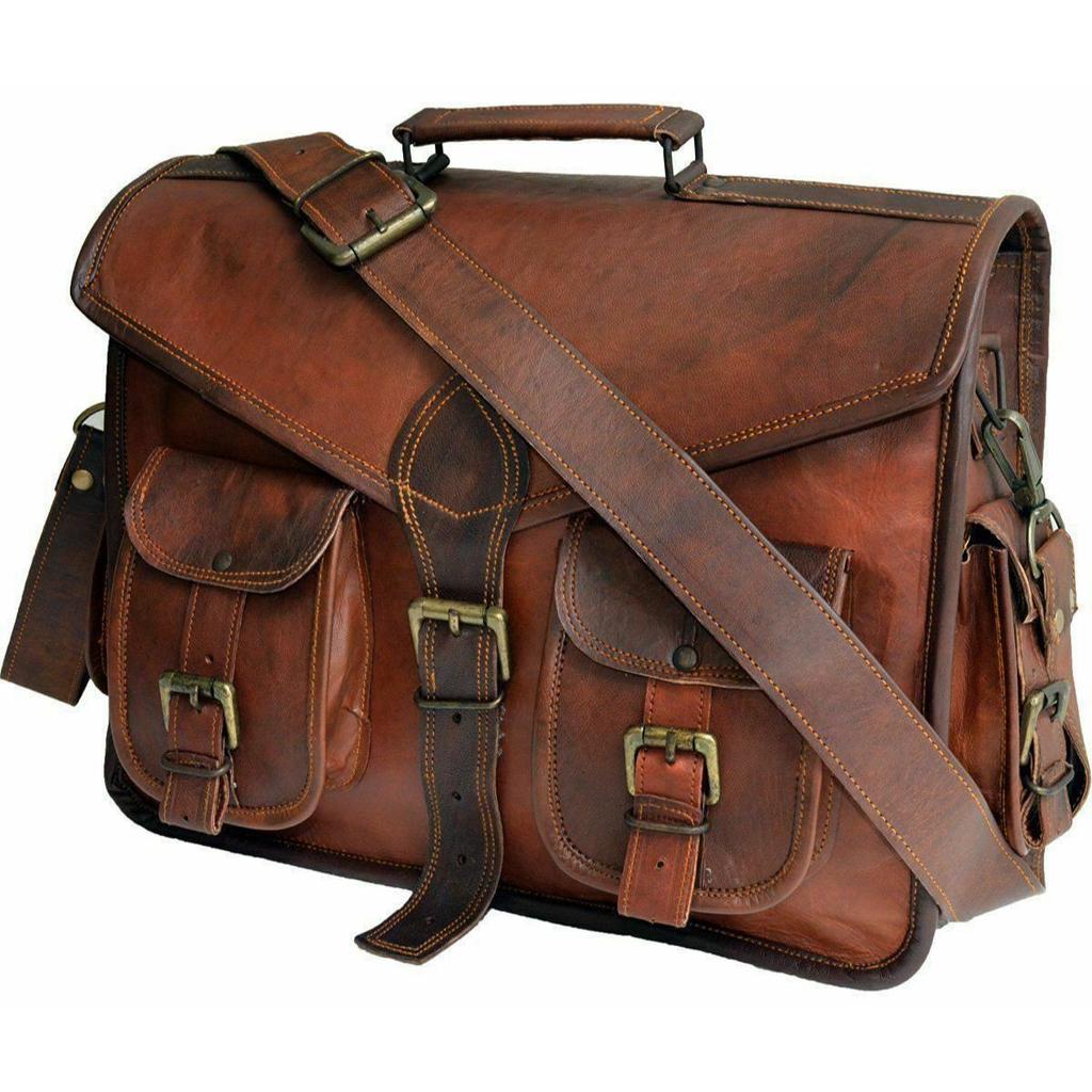New Men Real Goat Leather Vintage Brown Messenger Shoulder Laptop Bag Briefcase. Size 11 X 15 X 4