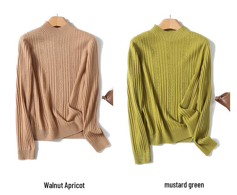 Women's Small Cable Knit Wool Sweater - Half-High Neck, One-Piece Design, BN692.