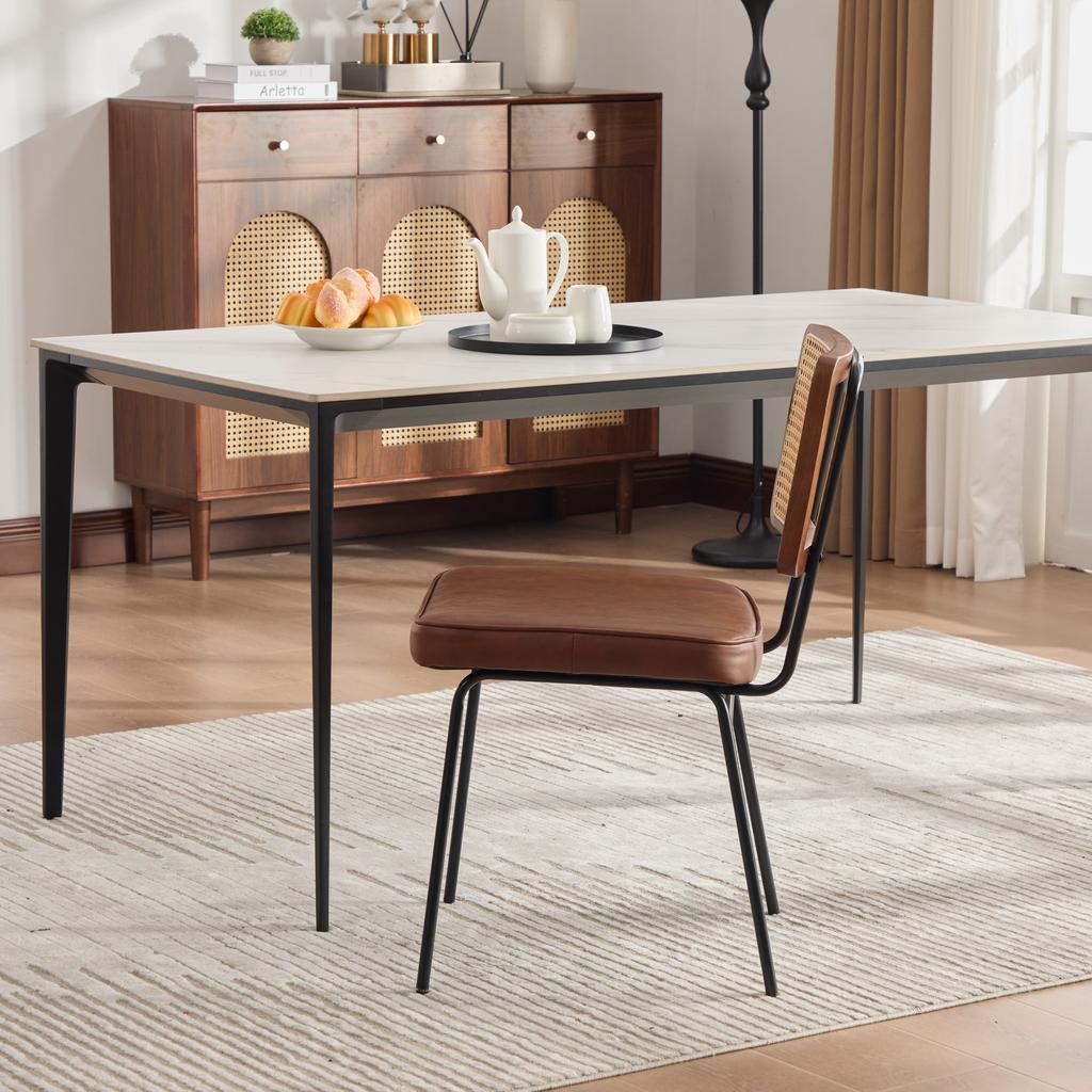 Modern Dining Chair, Set of 2, PU Leather Upholstery in Vintage Style, without Armrests, Solid Wood Frame, Rattan Look, Adjustable Metal Feet-Brown