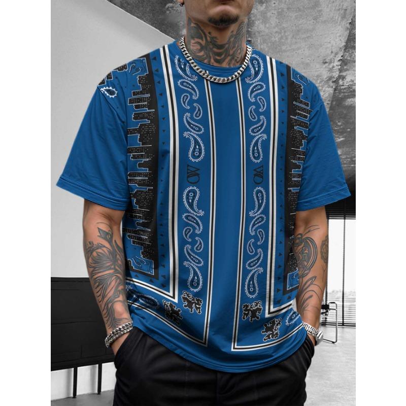 Bohemian Bandana Patterned Short - Sleeve Tops Summer Round Neck 3D Print Fashionable Casual Men's T-shirts