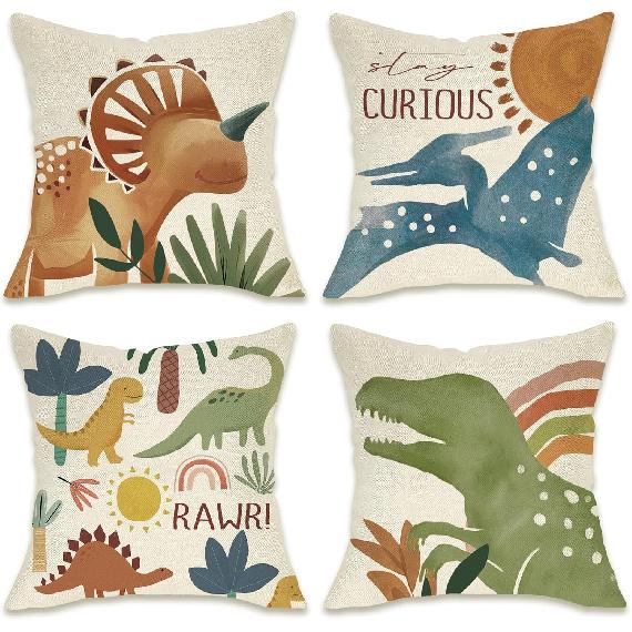 Fahrendom Boho Dinosaur Rawr Decorative Throw Pillow Covers 18 x 18 Set of 4, Bohemian Dino Stay Curious Porch Patio Outdoor Pillowcase, Sun Rainbow