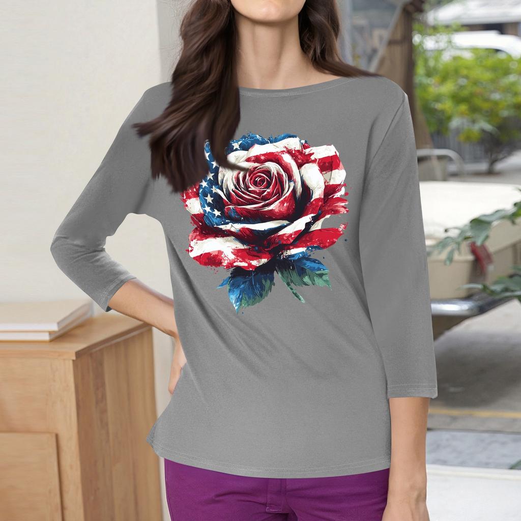 3/4 Sleeve Tops For Women T-Shirt Casual Print Tops T Shirt Round Neck Pullover Blouse
