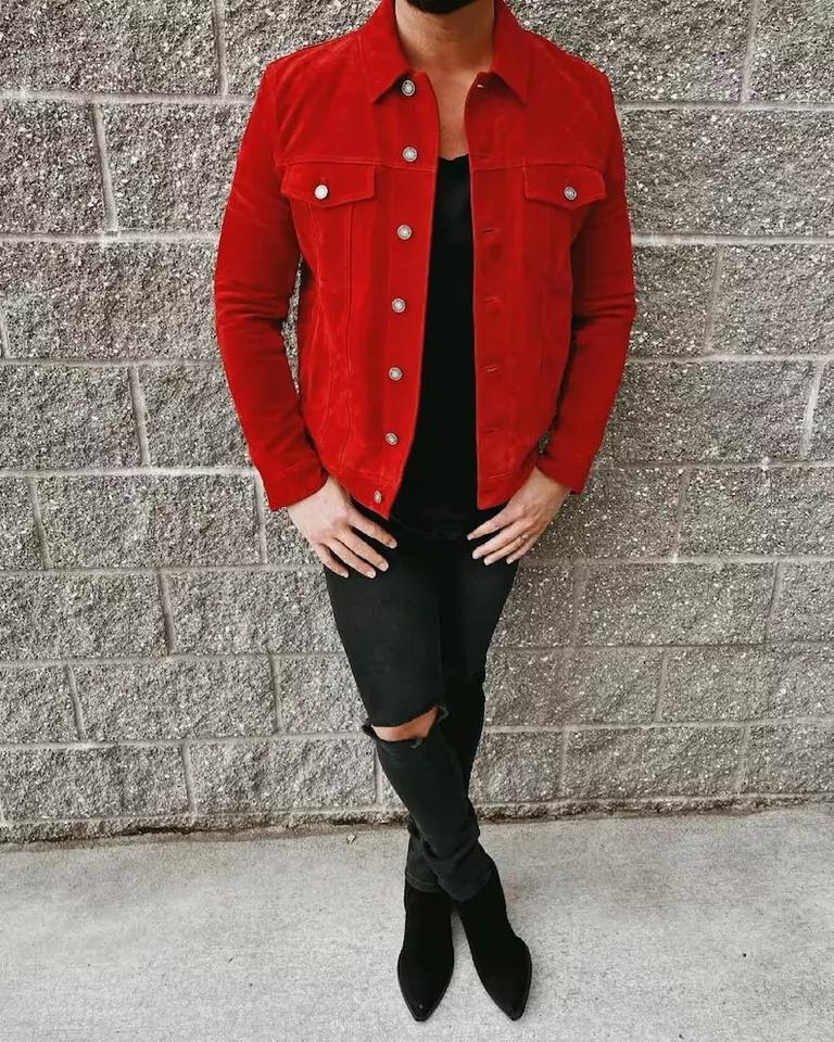 Дизайнерская вечерняя красная куртка из овчины ручной работы из замши для мужчин из натуральной кожи, стильная