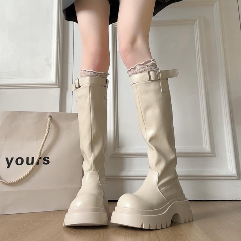 Женские высокие сапоги Женские Нескользящие Водонепроницаемые Зимние На молнии из ПУ кожи Сапоги до колена Женские Массивные на платформе Длинные сапоги 511