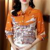 2025 New Autumn Style Polo Collar Long-sleeved Slim Fashion Printed Women's Shirt Casual Design Top