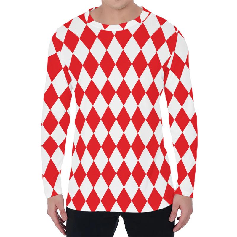 Simple Argyle Pattern Men's T-shirts Fashion Casual 3D Printed Long Sleeve T-shirts Loose Round Neck Streetwear Pullovers