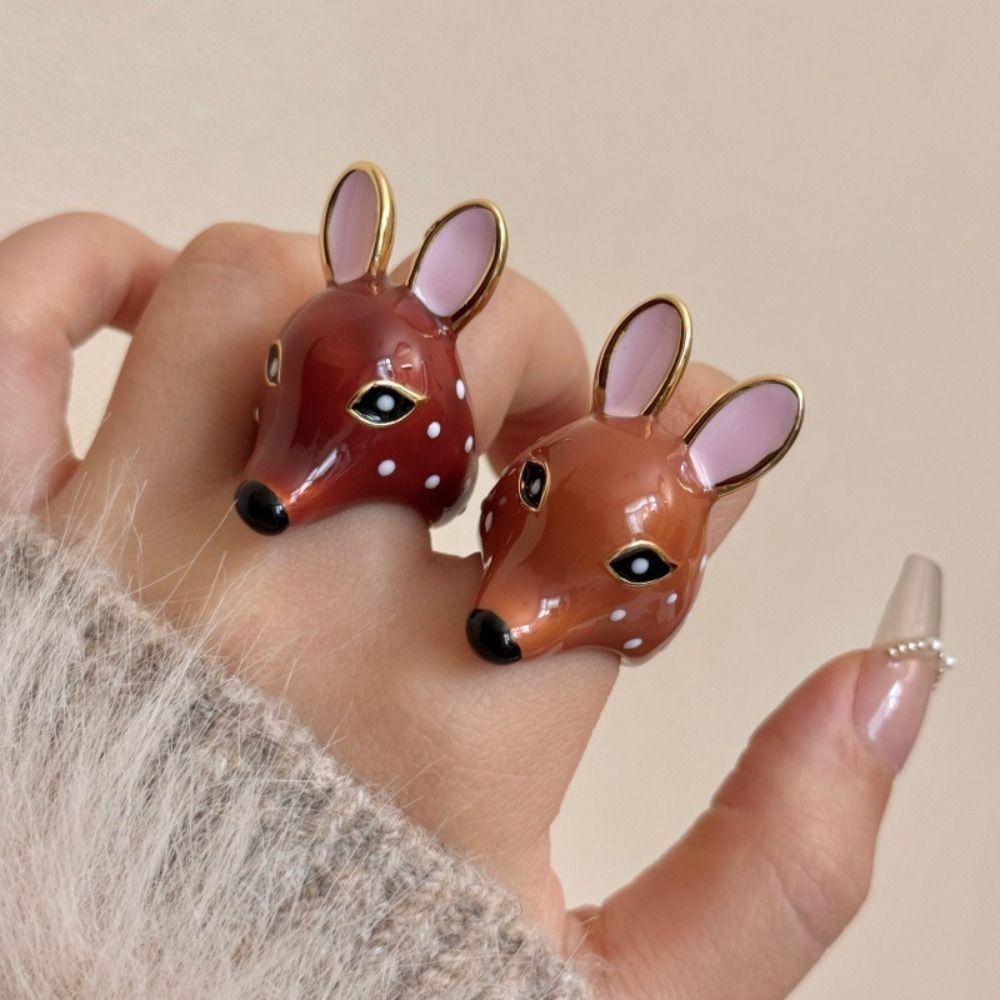 Geometric Enamel Ring Brown Chunky Animal Ring Lovely Deer Drip Oil Ring Gift