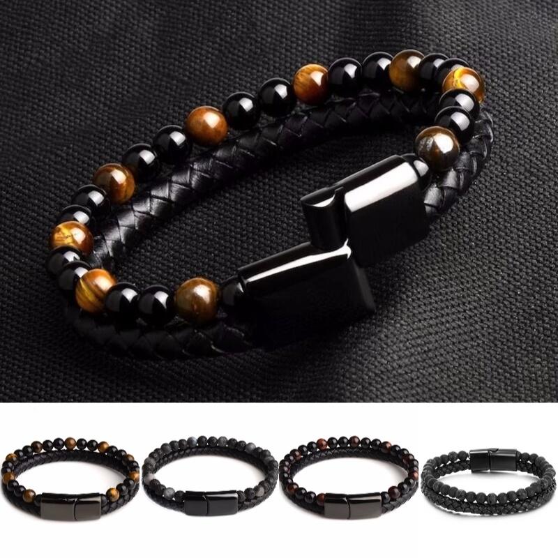 Мужской браслет из вулканического камня в два ряда с застежкой из сплава и кожи, 21 см