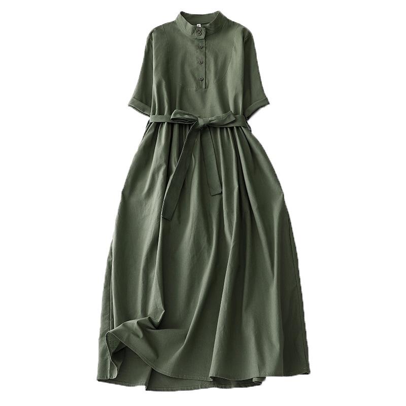 2025 лето новое однотонное хлопково-льняное платье женское свободное ретро на шнуровке на талии воротник поло рукав три четверти длинное платье