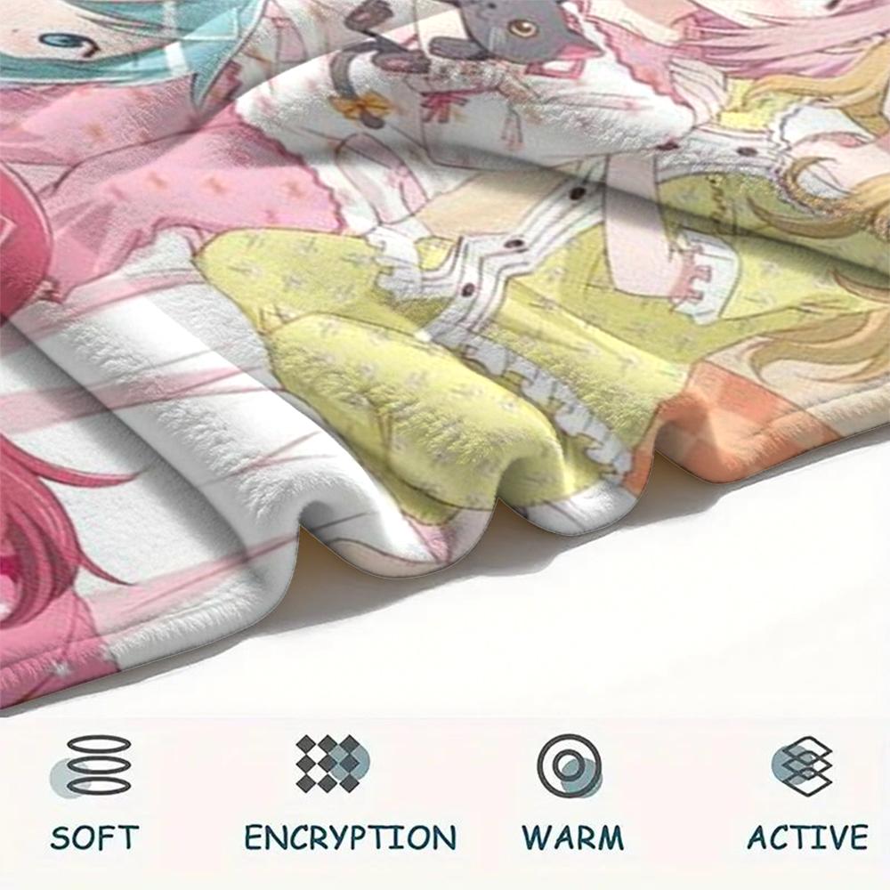 1PC Puella Magi Print Flannel Blanket, High quality Comfortable for All Seasons, Home Decor, Warmth and Comfort, Perfect for Christmas Gifts