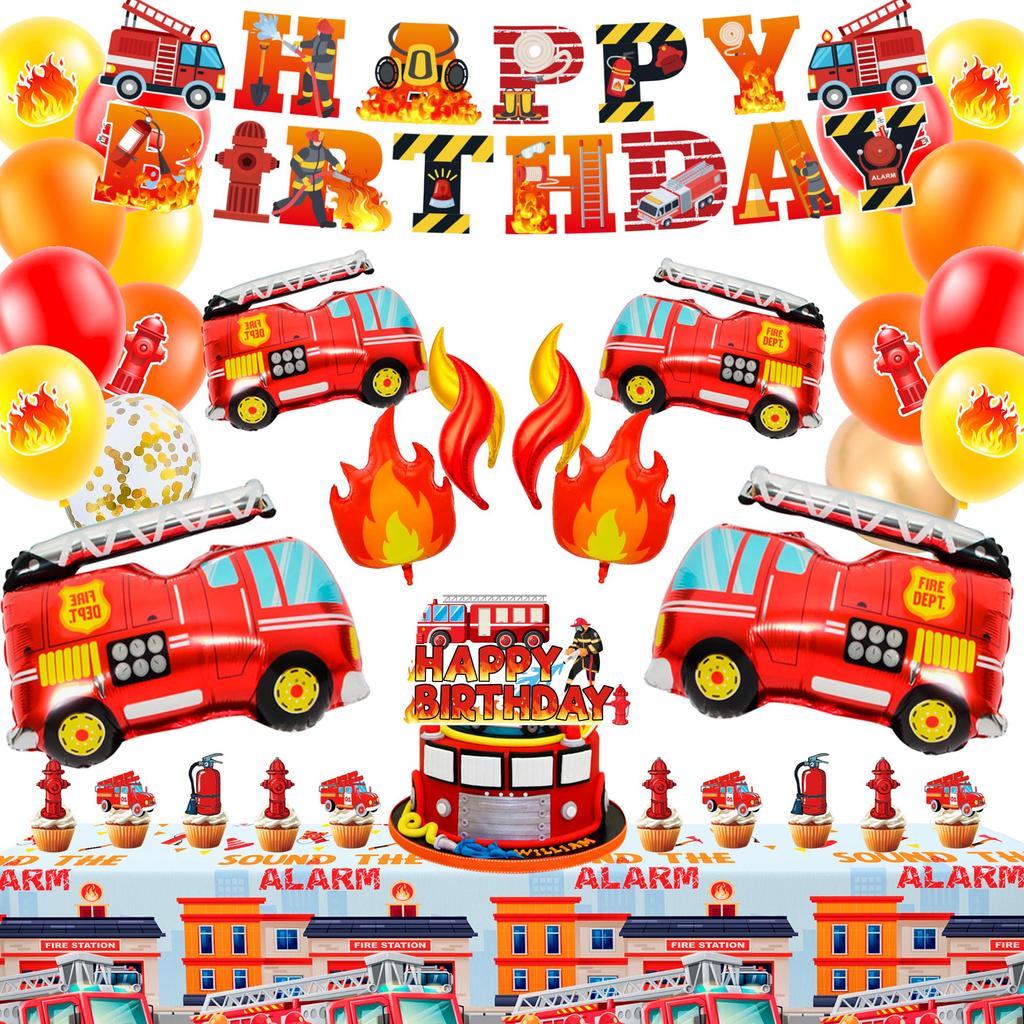 Украшения для вечеринки «Пожарная машина», 100 шт., Украшения для дня рождения «Пожарная машина», Шары для вечеринки «Пожарная машина», Баннер «С днем рождения», Топперы для торта, Скатерть и т. д.