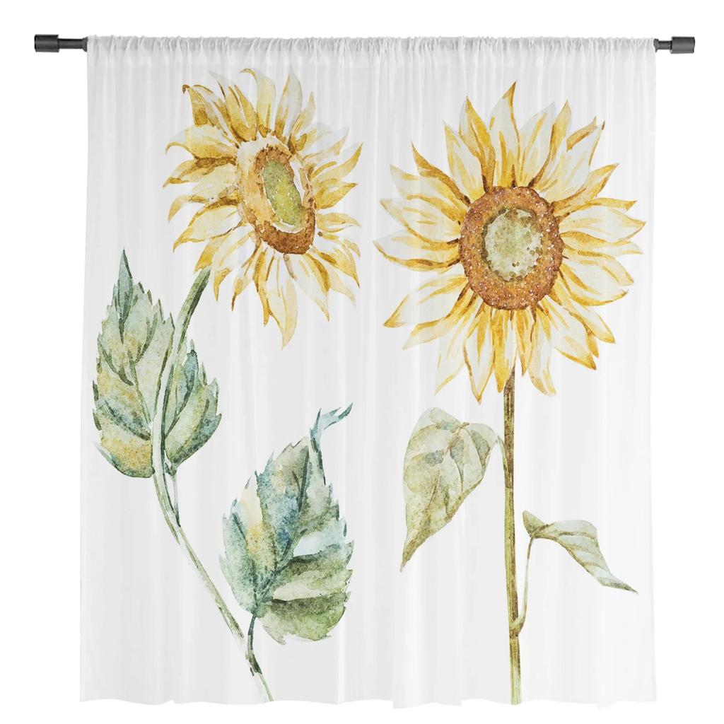 Sunflower Watercolor White Sheer Curtain for Bedroom Tulle Voile Curtain for Kitchen Living Room Decor Window Treatment