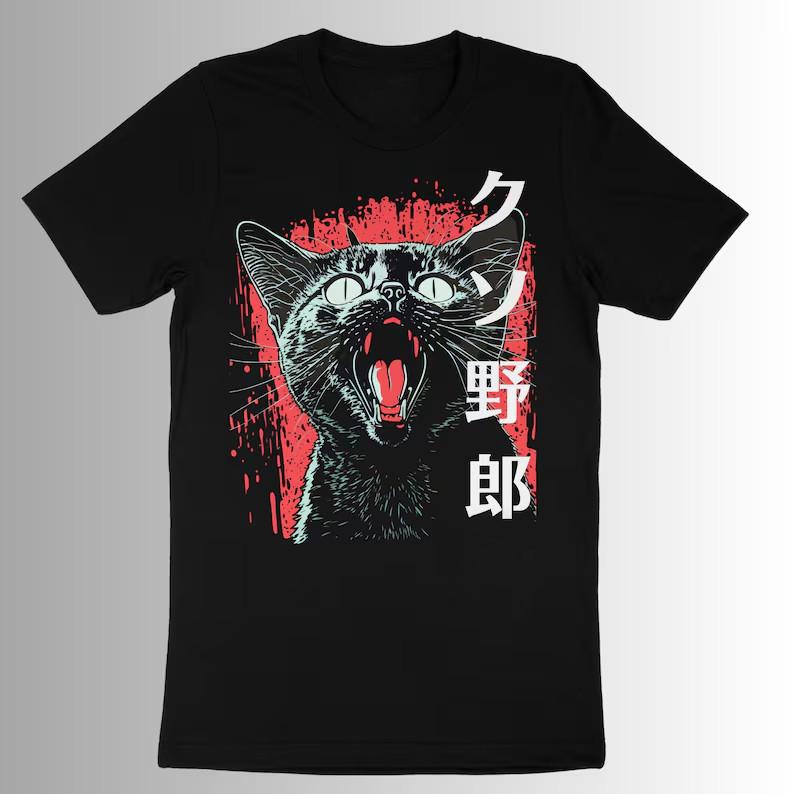 Japanese Cat Tshirt, Kuso Yaro Black Cat Anime Shirt, Funny Shirts, UNISEX Horro