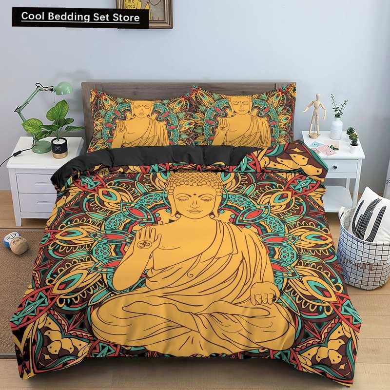 Комплект постельного белья Будда Индийская религия Буддизм Медитация Мандала Пододеяльник Улыбка Будды Цветочный мягкий пододеяльник Queen King Size