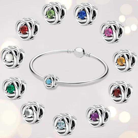 Медные twelve month birthstone сердце вечность шармы бусины кулон подходят к оригинальному браслету для женщин тонкие ювелирные изделия