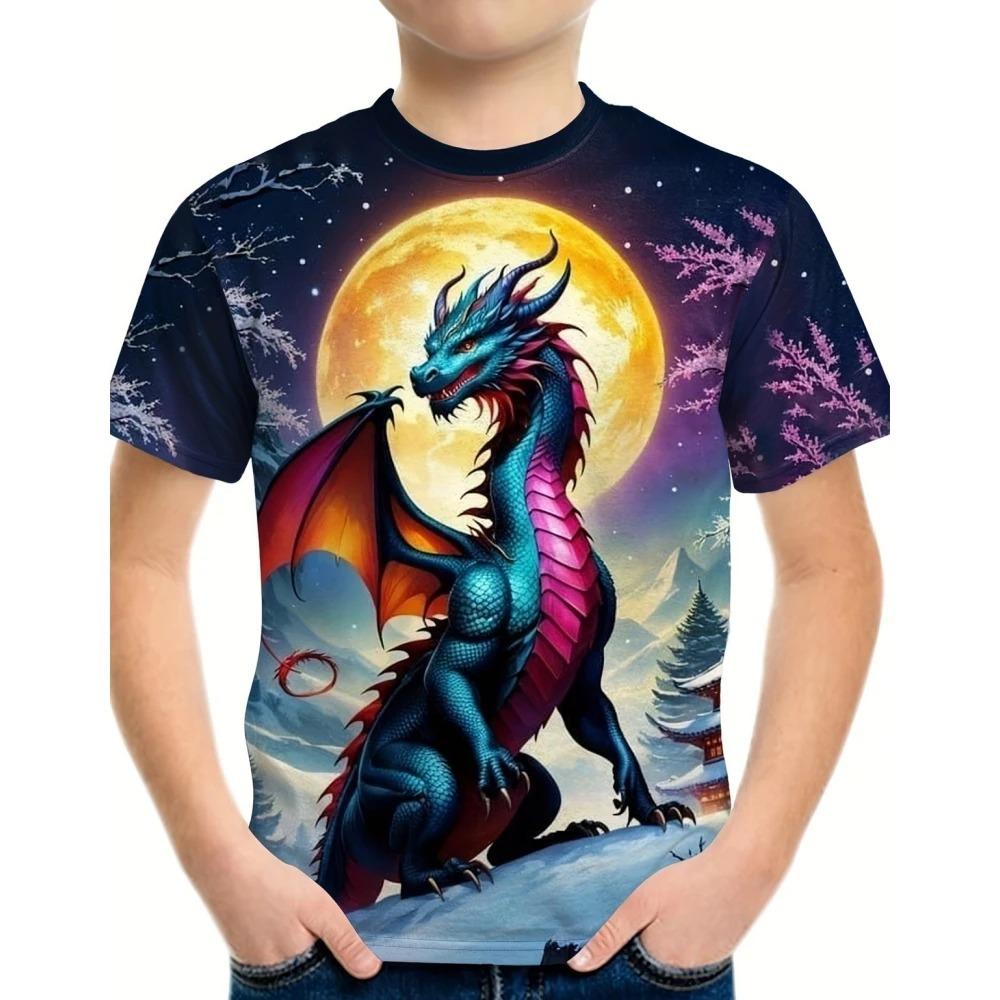 Children's Dragon Graphic 3D Digital Printed Boys' Fashion and Comfortable Round Neck Short Sleeved T-shirt