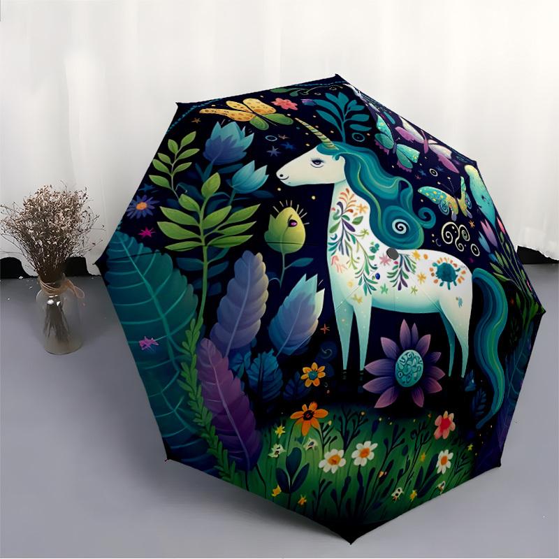 1pc Fantasy Unicorn Automatic Open/Close Umbrella, Windproof, Folding Compact Umbrella with Lightweight Design for Women/Men066
