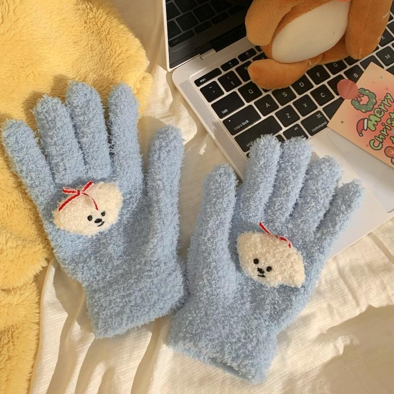 Cute Curly Dog Red Apple Gloves Plush Coral Fleece Cold-Proof Gloves Student Winter Warm Five-Finger Gloves Girl Christmas Gifts