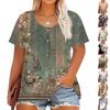 Plus Size Women's Fashion Casual Vintage Printed O-Neck Short Sleeve Button T-Shirt Top