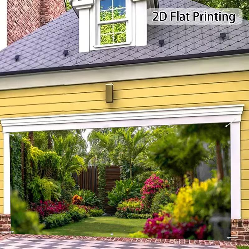 2D Colorful Flower Palm Tree Lawn View Garage Door Banner Garden Backdrop