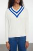 Women's Elegance Style Sweater Stone Soft Textured V-Neck Color Blocked Knitwear Sweater