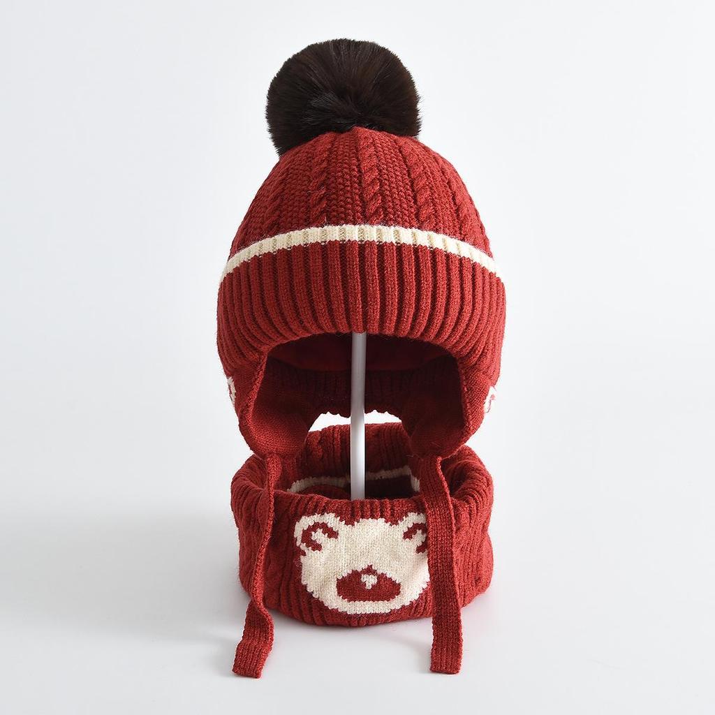 Детский милый зимний набор: шапка с ушками медвежонка и шарф - Теплый, ветрозащитный вязаный комплект для школьников