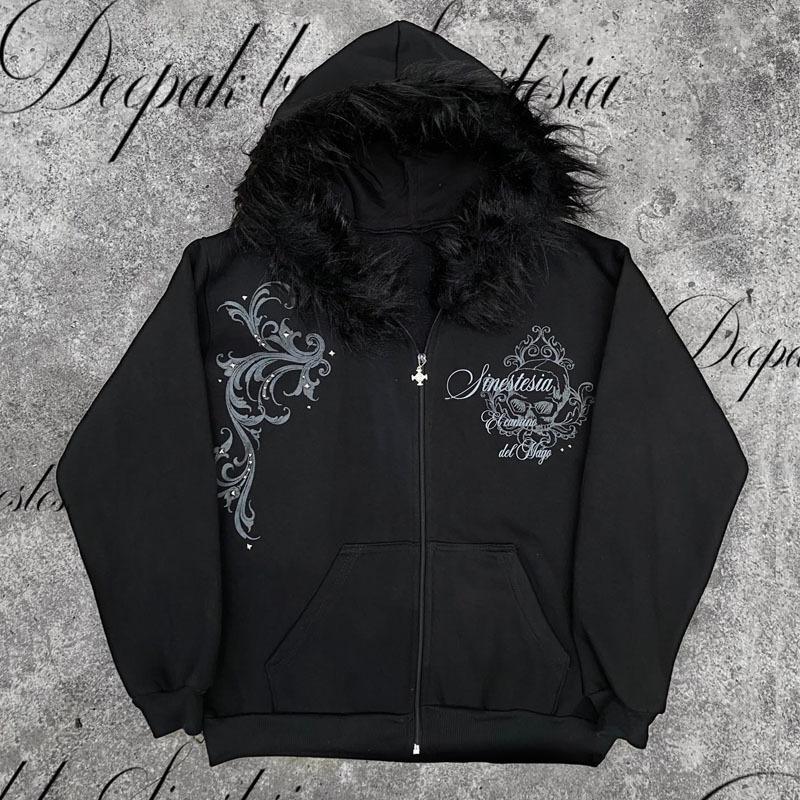 Худи на молнии Y2K осенне-зимнее черное