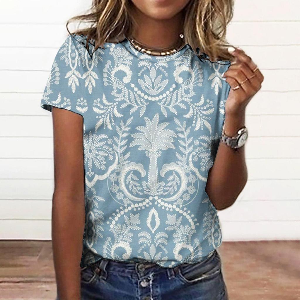 Женский модный повседневный свободный пуловер с коротким рукавом и принтом с круглым вырезом