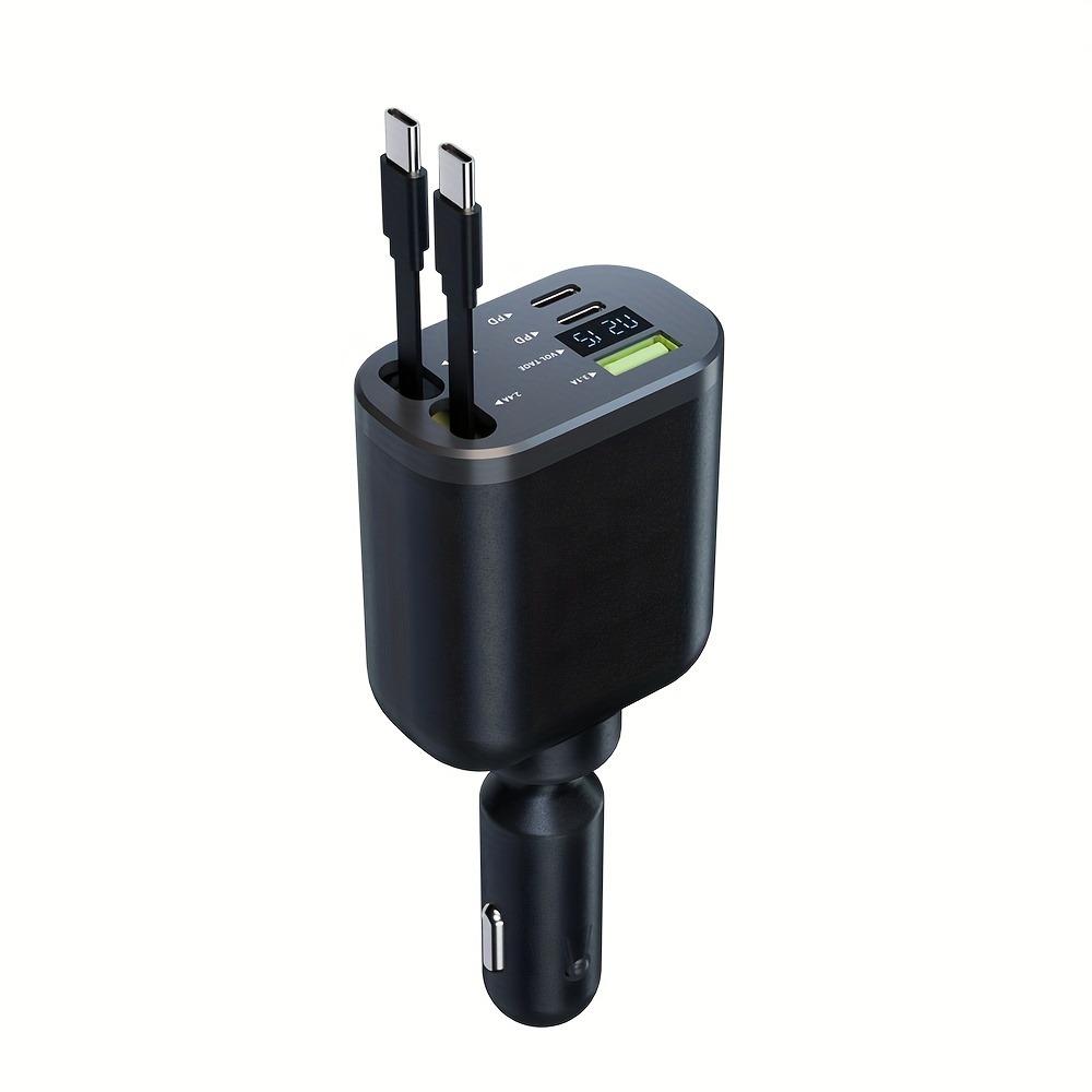 Автомобильное зарядное устройство на 5 портов со светодиодным дисплеем, быстрой зарядкой USB PD, встроенными выдвижными кабелями Type-C для iPhone и Android