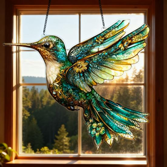 Colorful Bird Acrylic Hanging Decoration Indoor Outdoor Garden Yard Window Wall Hanging Stained Glass Effect Bird Ornament Suncatcher Sign