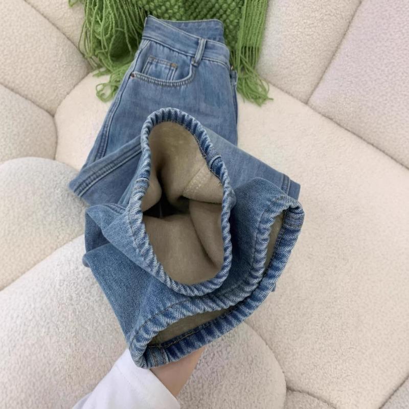 Winter new thickened and velvet narrow version straight jeans women's warm winter wide-leg pants