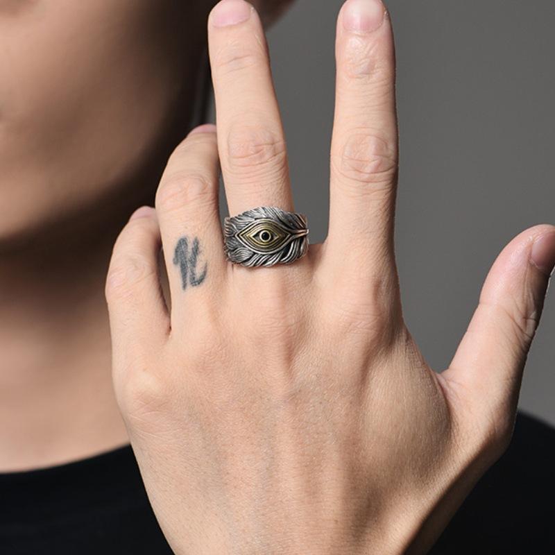 Eye of God Feather Ring for Men, High-end Index Finger Ring, Fashionable and Versatile Zinc Ring