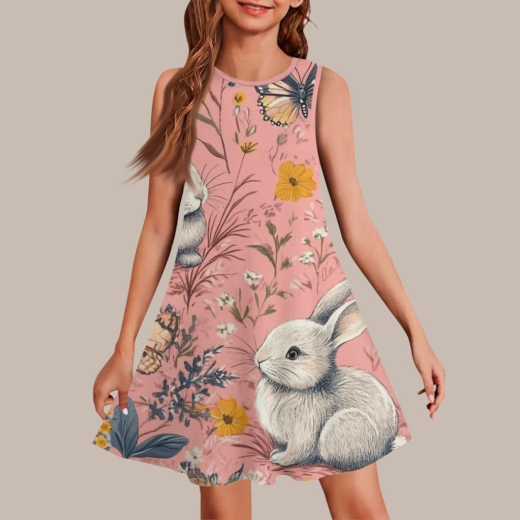 Девочки мода повседневный без рукавов круглый вырез пасхальный принт платье