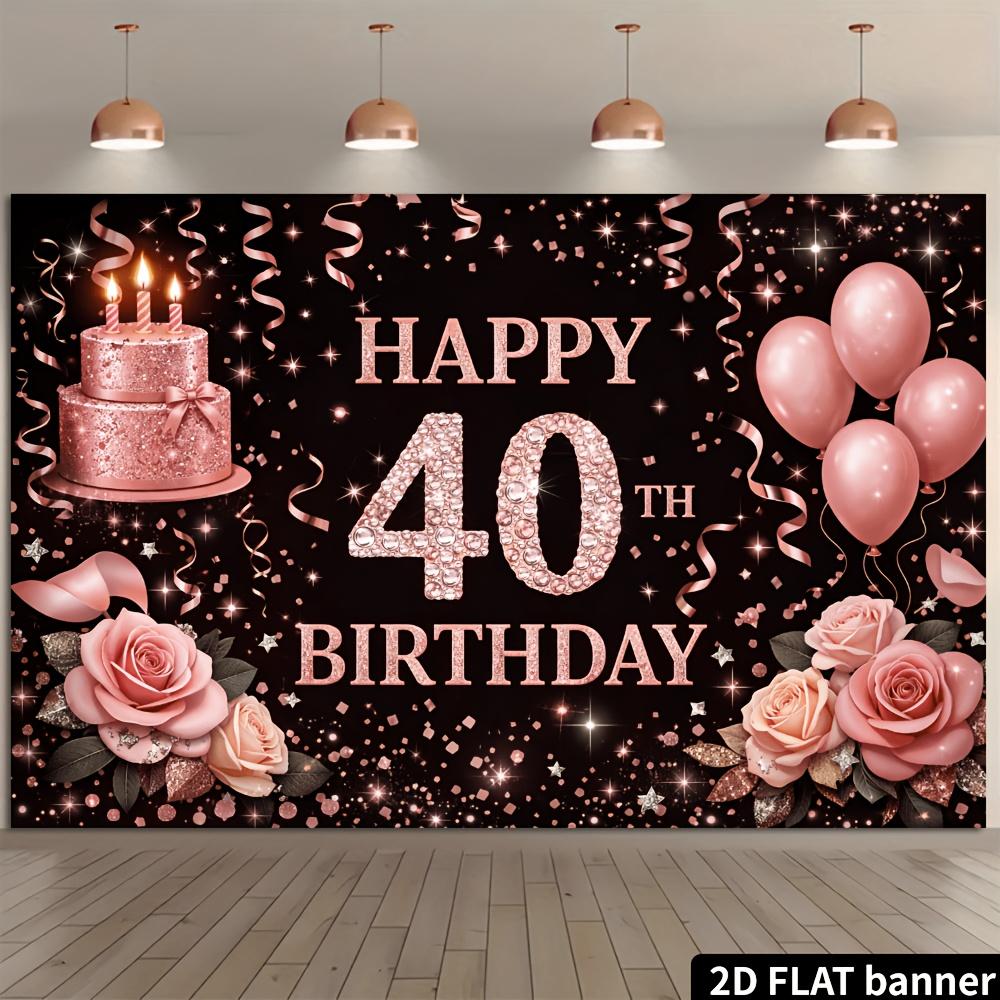 2D plane 40th birthday party backdrop fabric black background with rose gold glittering diamonds theme featuring pink roses