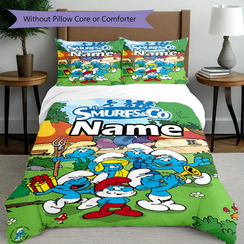 3pcs Duvet Cover Set (1*Duvet Cover + 2*Pillowcase, Without Core), Custom Name Blue Smurfs Pattern Bedding Set, Home Bedroom Decor Gift