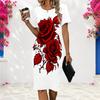 Women Plus Size Round Neck Short Sleeve Red Rose Printed White Fitted Dress