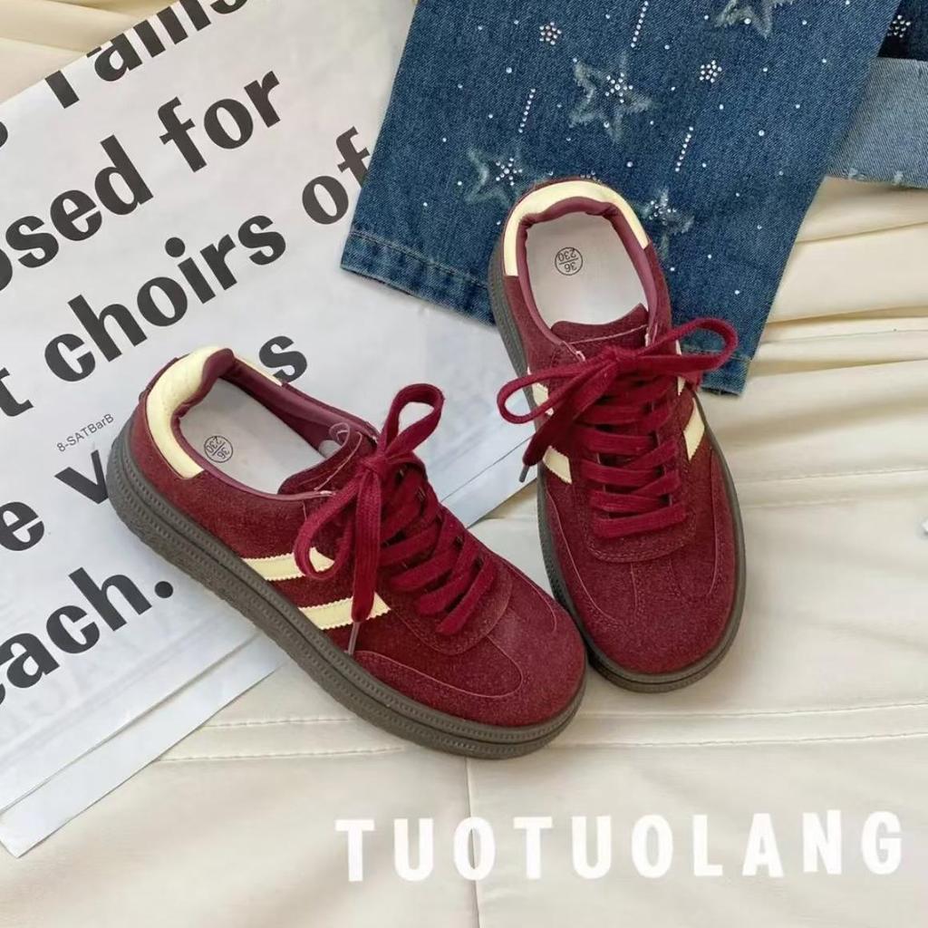 Женские туфли из красного воловьего бархата, осень 2024 г. — низкие, на толстой подошве, повседневные, секонд-хенд, универсальные