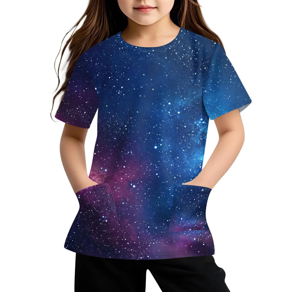 Детская футболка с короткими рукавами и карманами, повседневная футболка с принтом, круглый вырез, блузка-пуловер