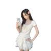 Korean polka dot Spice Girl Square Neck Short Sleeve T-Shirt Women's Summer New Sweet Knot Slim Shoulder Top
