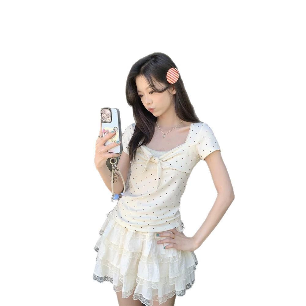 Korean polka dot Spice Girl Square Neck Short Sleeve T-Shirt Women's Summer New Sweet Knot Slim Shoulder Top