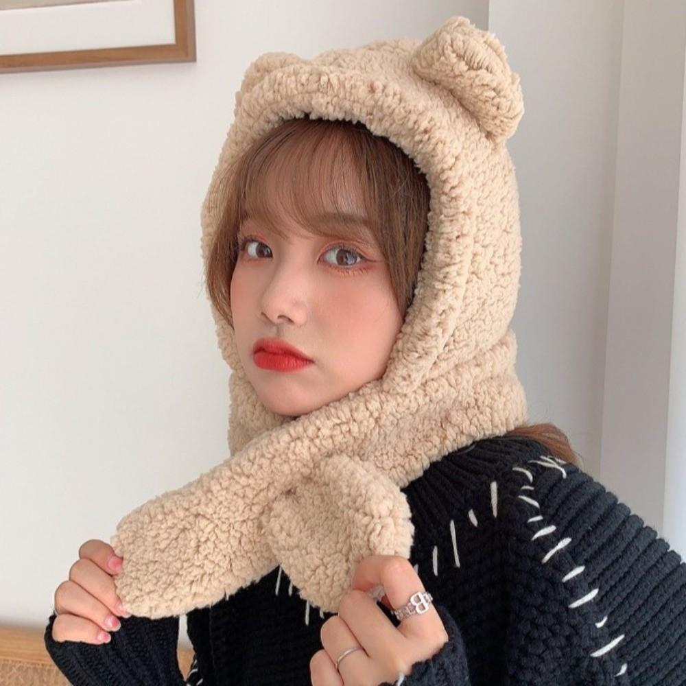 Winter 2-in-1 Cap Scarf Set Warm Neck Warmer Hat Cute Integrated Cap Scarf  Outdoor