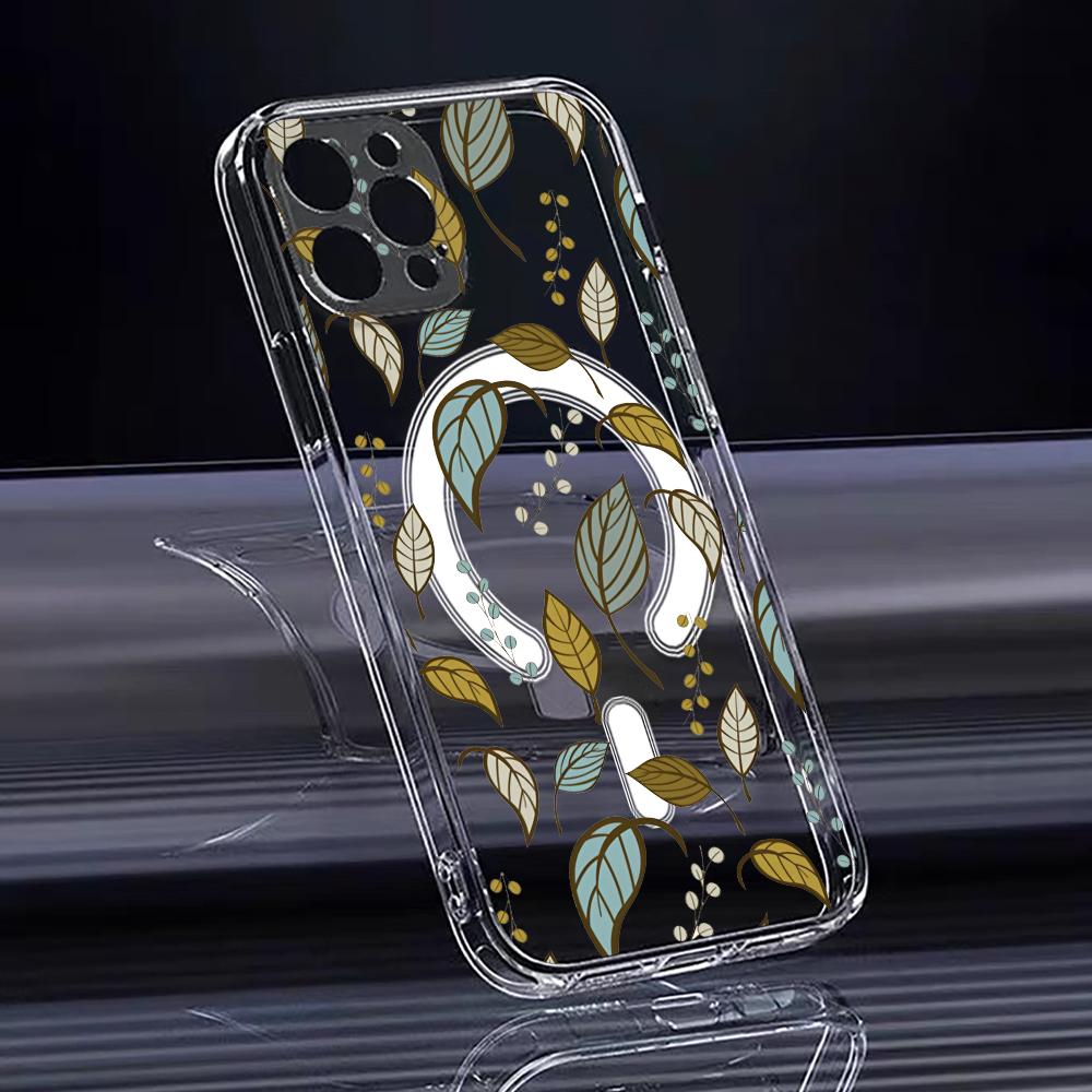 Роскошный чехол для телефона с листьями для iPhone 17 16 15 14 13 12 Pro Max Plus с магнитом, кристально чистый, поддержка беспроводной зарядки