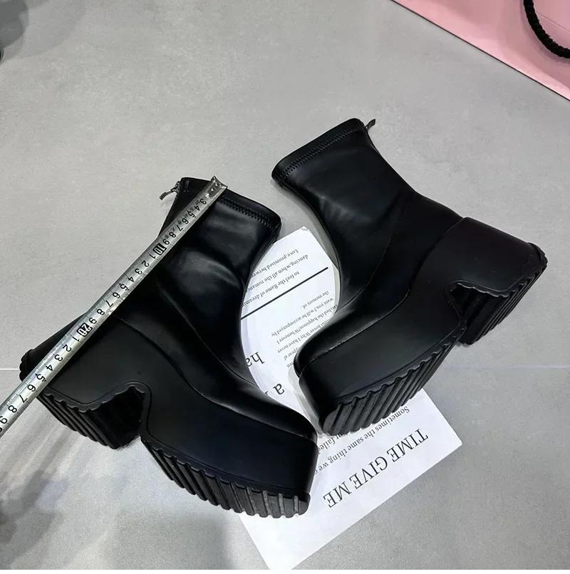 Модные зимние панк-сапоги 2024 года, женская обувь, модные туфли с молнией сзади, на высоком каблуке и толстой подошве, элегантные женские ботильоны, ботинки на платформе
