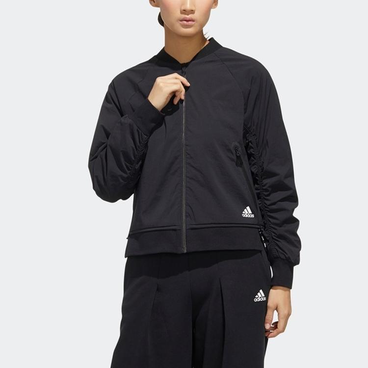 Adidas Бомбер Логотип Мятая однотонная свободная спортивная куртка женская куртка черная FU6230