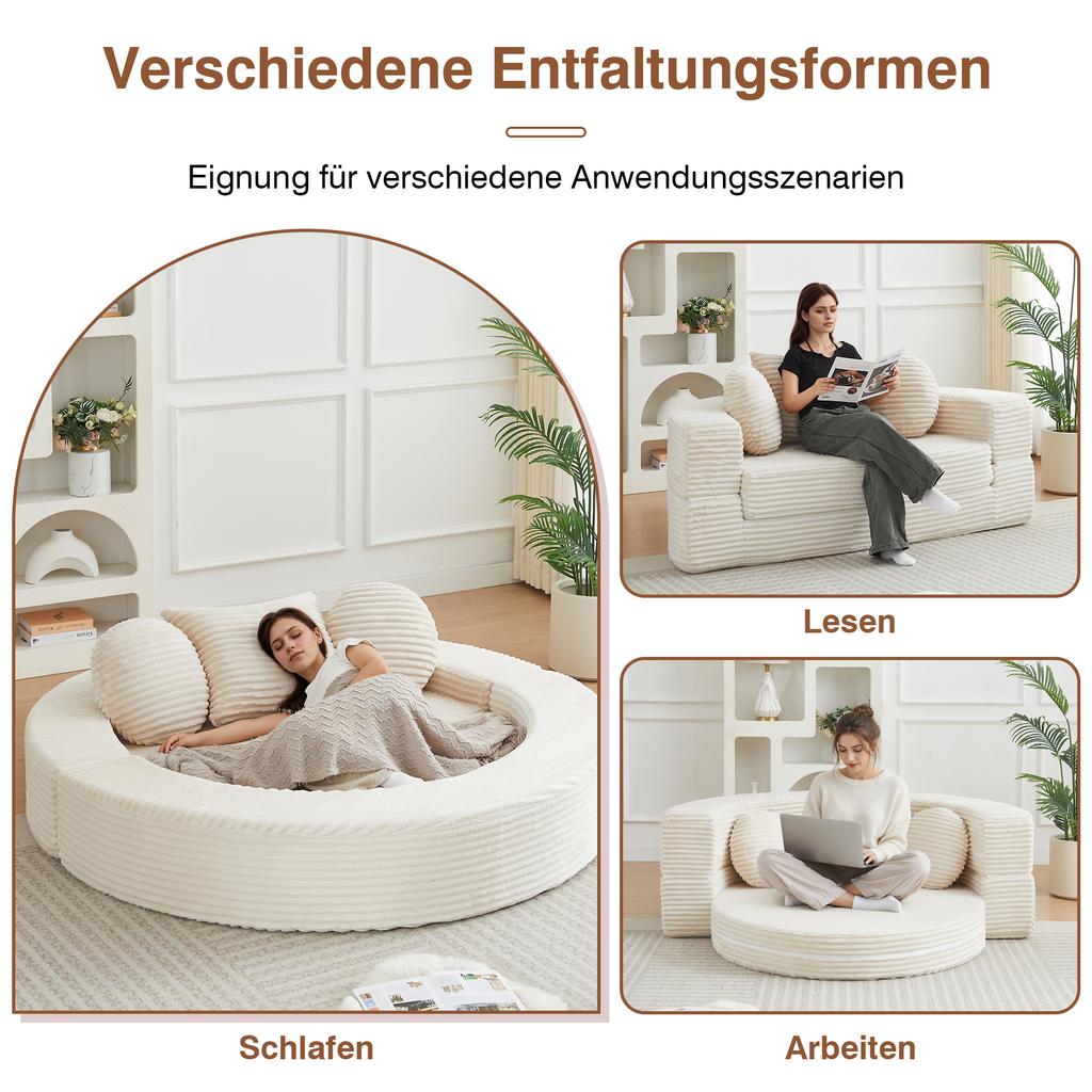 A versatile 4-in-1 sofa bed, which can be used both as a semi-circular sofa and as a round daybed, Two round cushions and one square cushion