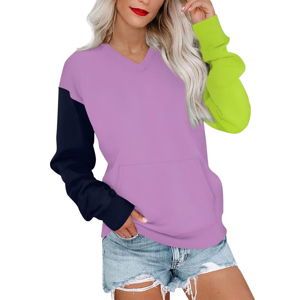 Женская повседневная модная цветная стеганая толстовка с V-образным вырезом и длинным рукавом, легкий пуловер с карманами