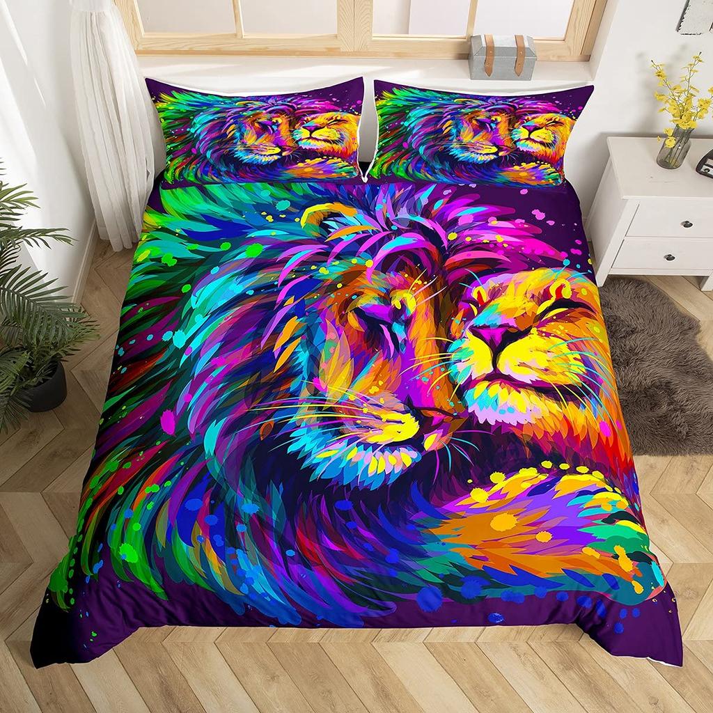 Lion Rose Duvet Cover Sets King Size Animal Floral Print Polyester Comforter Cover Nature Theme Bedding Set for Kids Adult Teens
