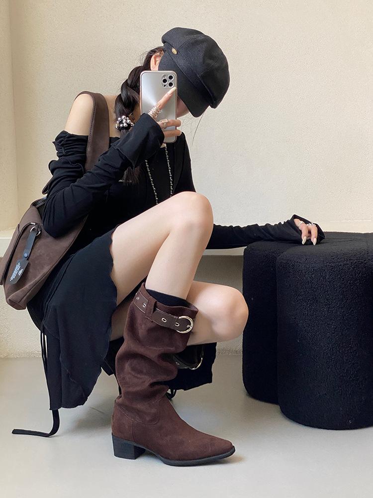 Soft-soled Retro Stacking Boots Thick-heeled Short Boots Women's 2025 New Autumn Long Tube Slim Western Cowboy Martin Boots Tide