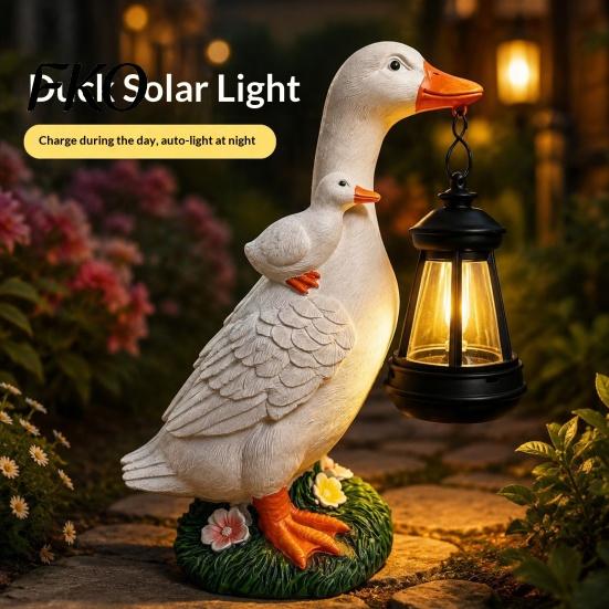 Resin Duck Statue with Flowers Garden Solar Lantern, Cute Mom And Baby Sculpture Outdoor Decor Lamp, Waterproof Light for Yard Lawn Patio